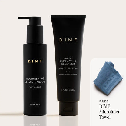 Two black DIME bottles with pump dispenser and tube, plus blue microfiber towel: nourishing cleansing oil and daily exfoliati