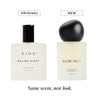 Two DIME Malibu Night perfume bottles side by side: original cylindrical bottle with black cap and new spherical bottle with 