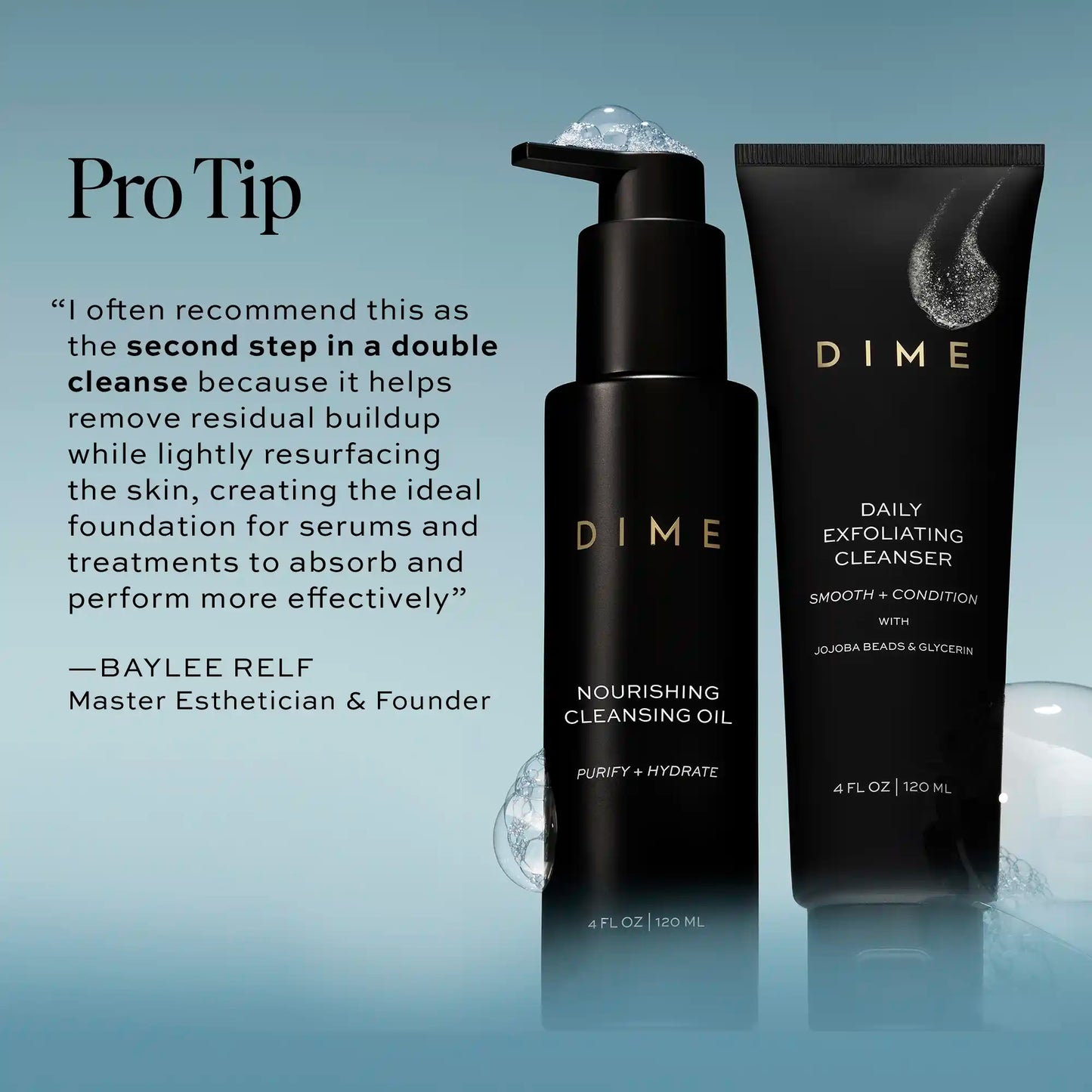 Black tube of Daily Exfoliating Cleanser and black pump bottle of Nourishing Cleansing Oil on blue background.