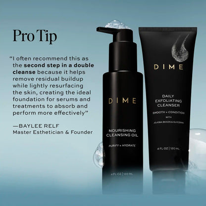 Black tube of Daily Exfoliating Cleanser and black pump bottle of Nourishing Cleansing Oil on blue background.
