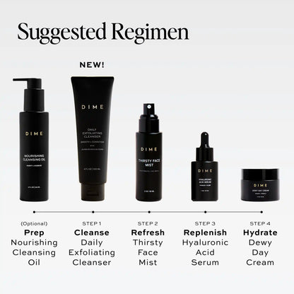 Black tube of Daily Exfoliating Cleanser by DIME, 4 fl oz, displayed as step one in a skincare routine.