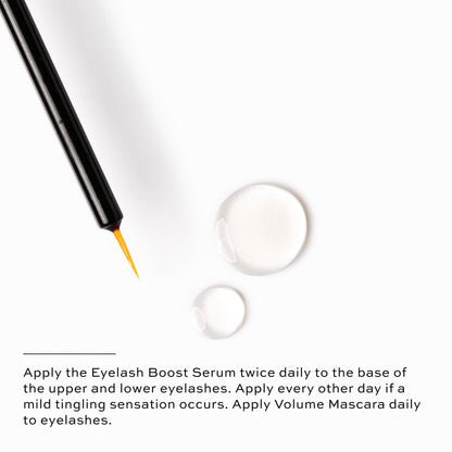 Apply Eyelash Boost Serum twice daily to the base of the upper and lower eyelashes. Apply Volume Mascara daily to eyelashes.
